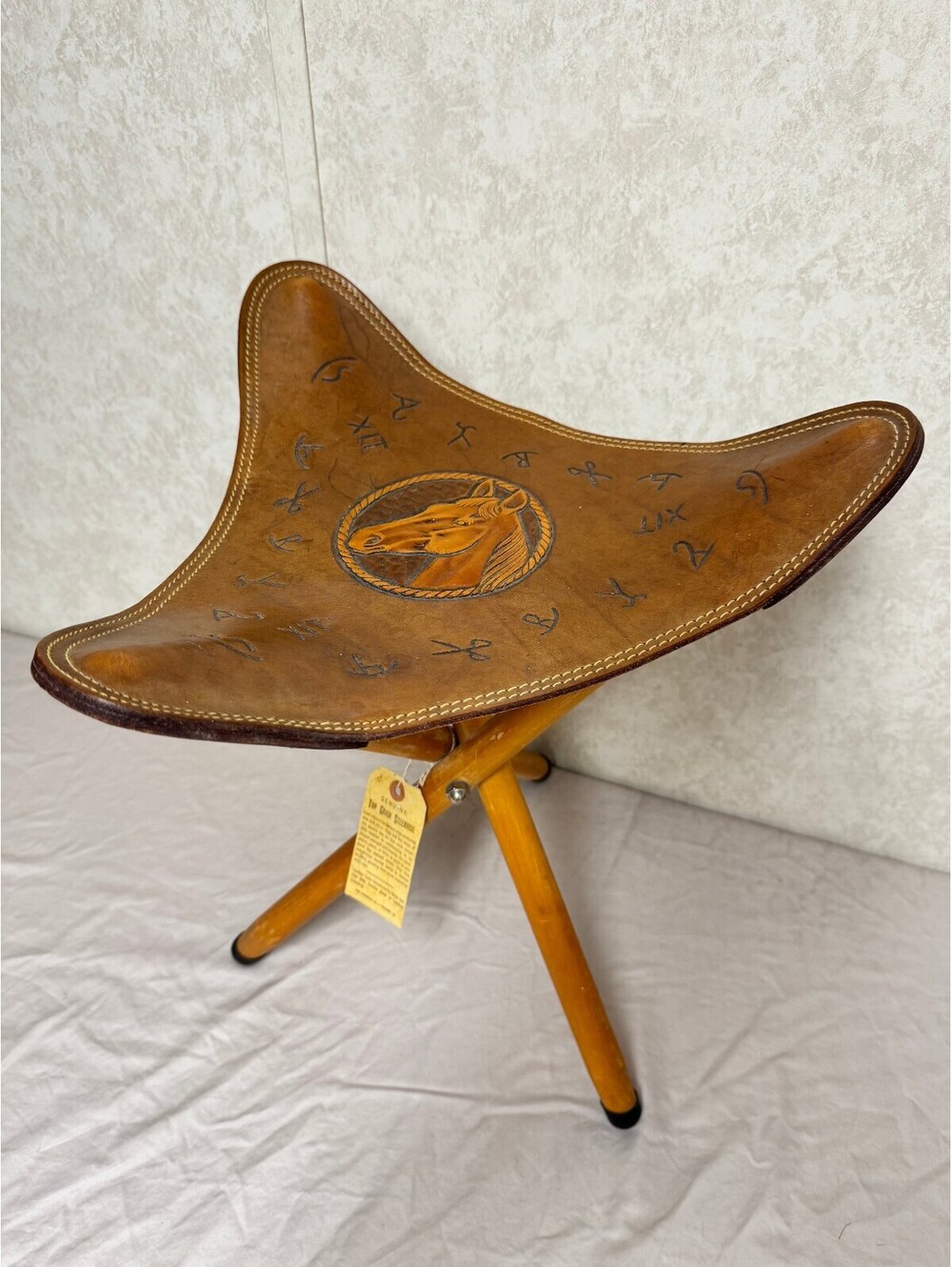 Vintage Chambers Collapsible Leather Tripod Stool Hand Painted Horse